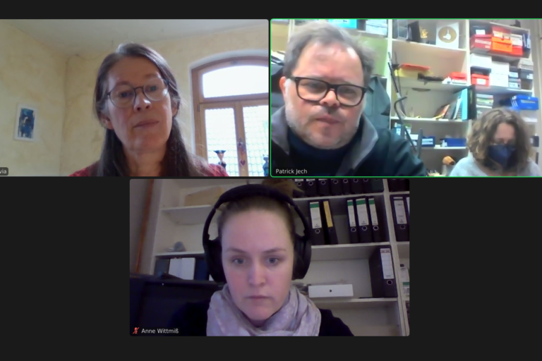 Drei Zoom-Kacheln. Silvia Pahl spricht mit Anne Wittmiß, Patrick Jech und Karola Marsch. Patrick Jech und Karola Marsch sitzen vor einem Rechner.